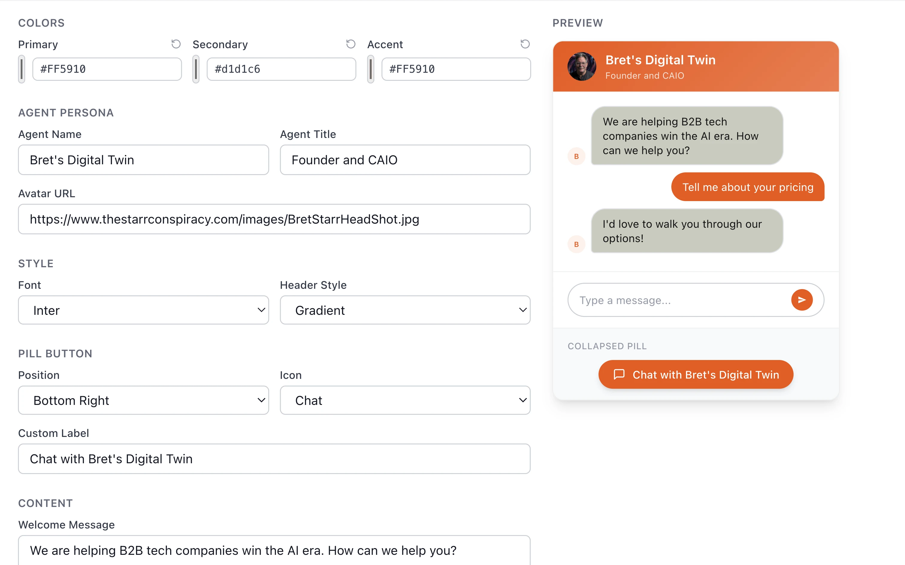 AI SDR widget configuration with a live chat preview of the branded digital-twin assistant