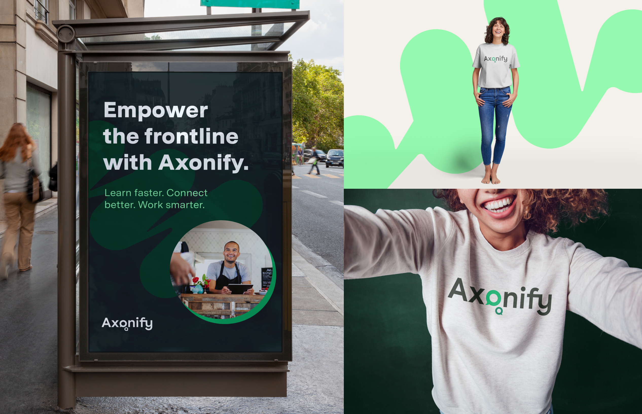 Brand mockup with transit ad, logo as pattern, sweatshirt