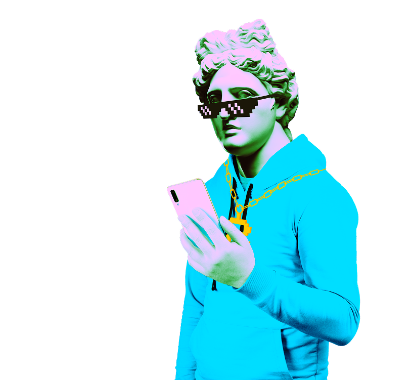 Statue dressed in blue hoodie wearing sunglasses and holding mobile phone
