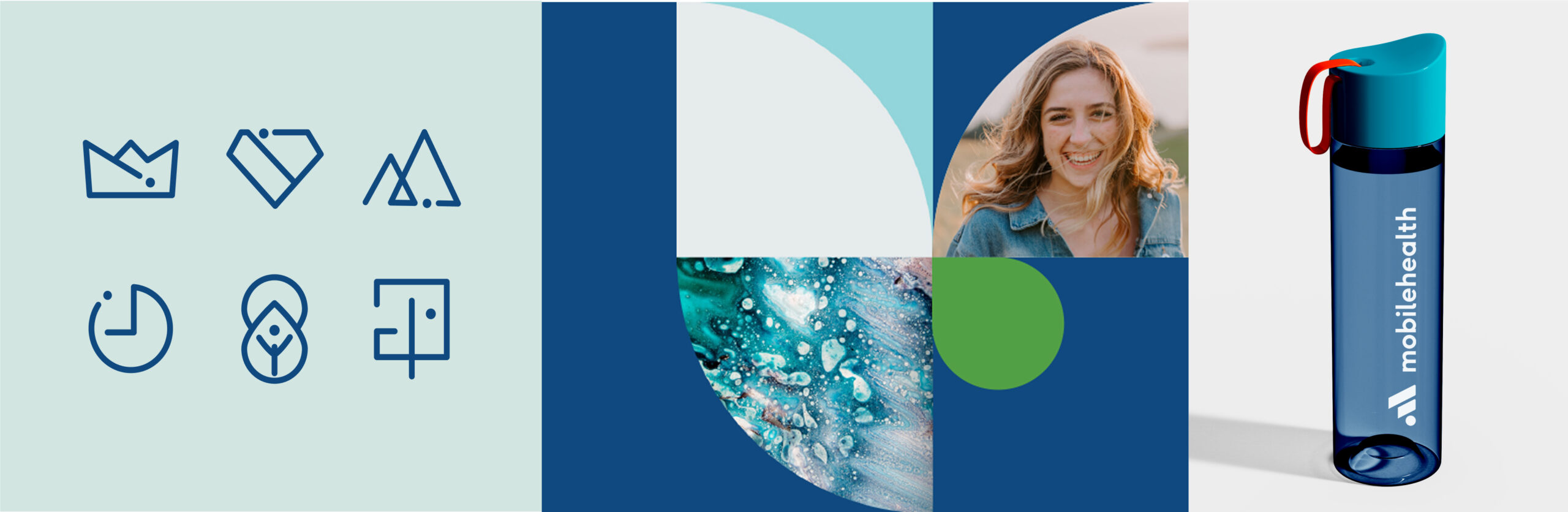 Brand mockup with icons, social graphic, and branded water bottle