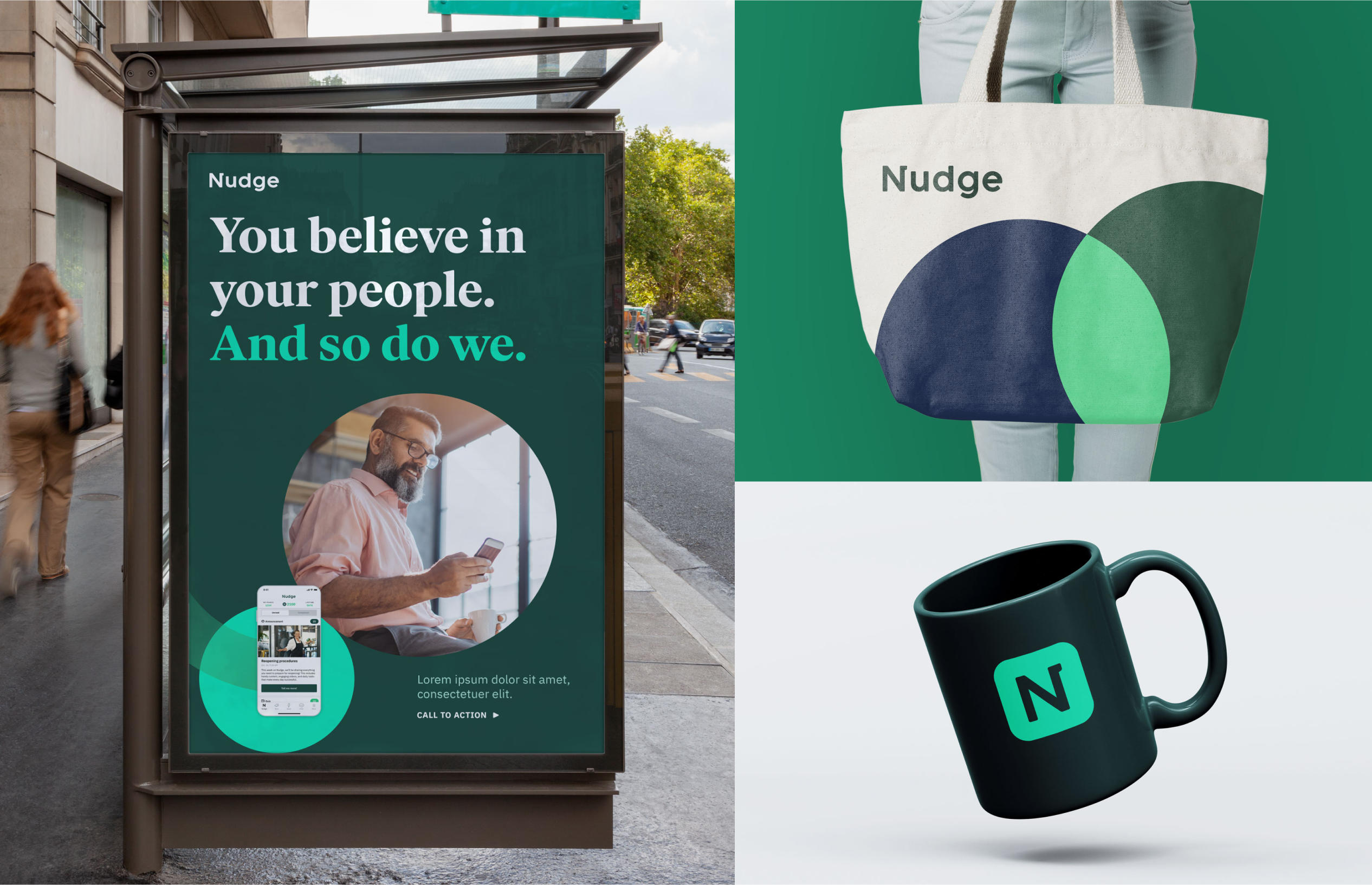 Collage of brand mockups (transit ad, tote bag, coffee mug)