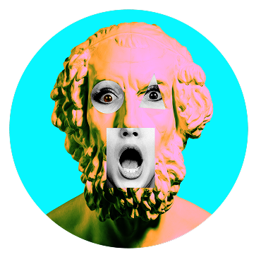 Post modern mashup of statue with photos of human shock and surprise