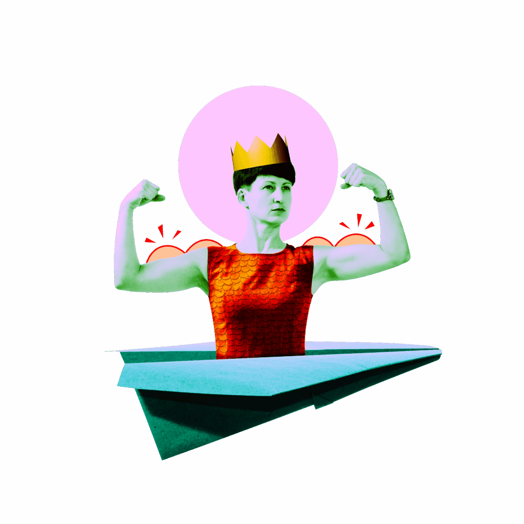 Female exutive with crown, flying in a paper airplane and flexing her biceps