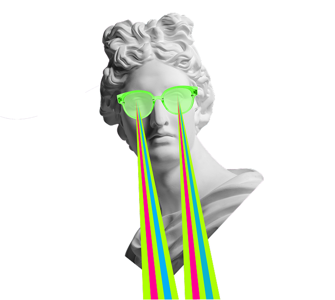 Statue with lime green glasses shooting rainbow lasers from the eyes