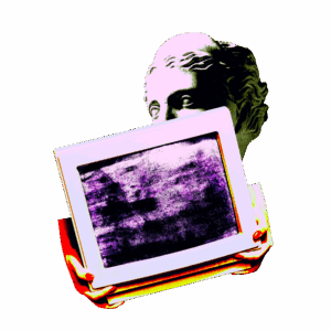 Statue holding CRT monitor with static