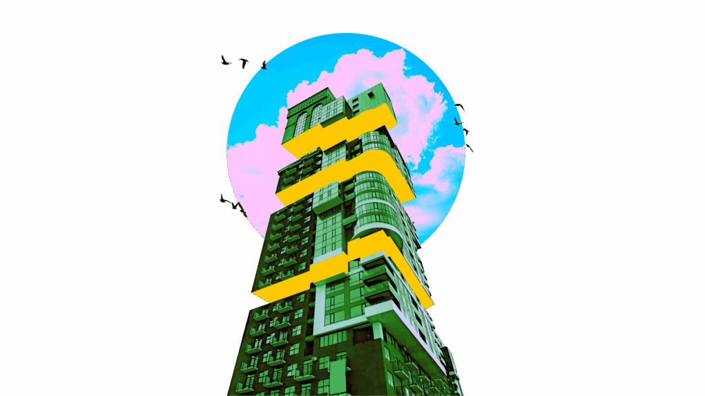 Building in layers reaching into the blue sky with pink clouds