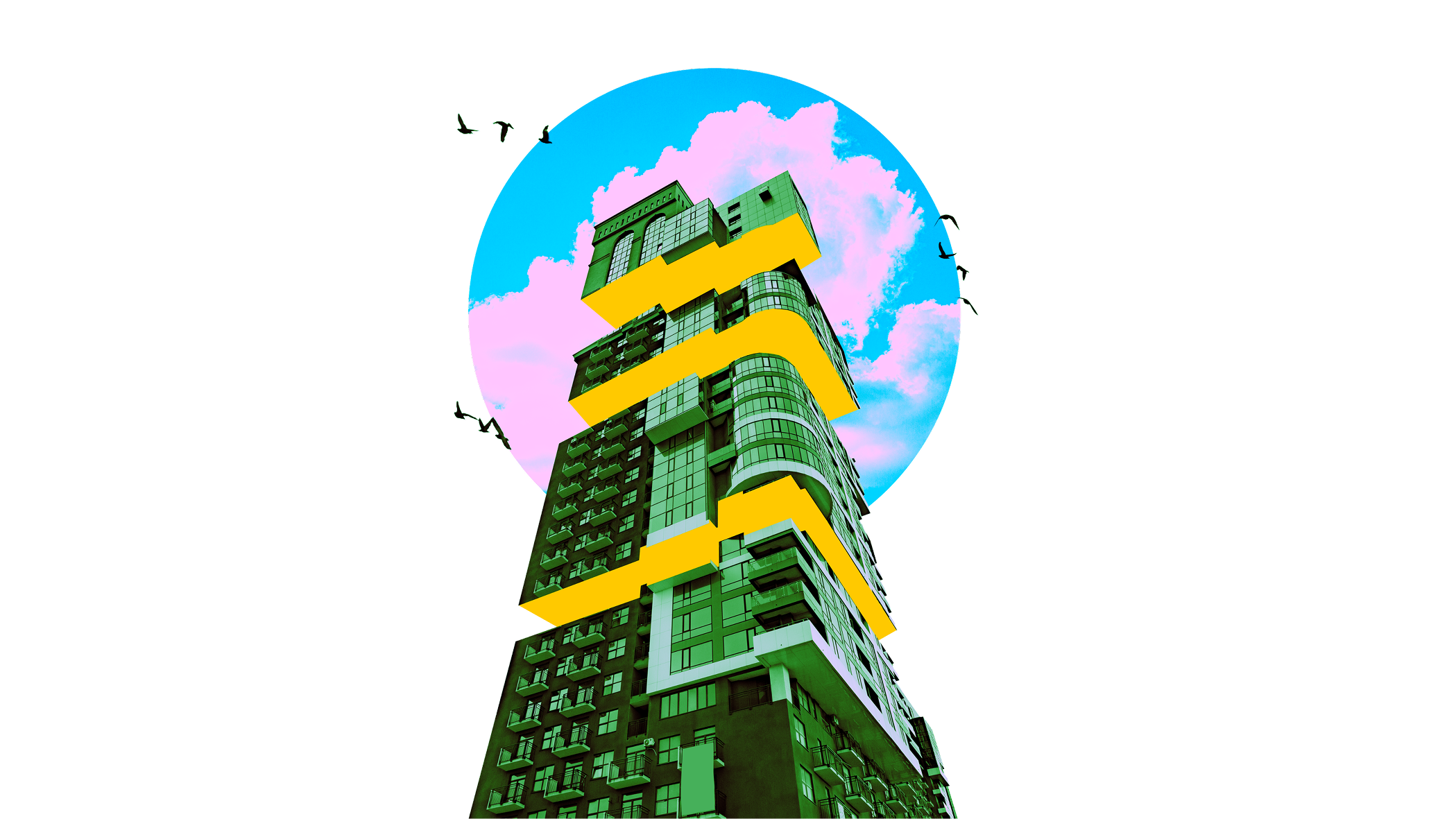 Building in layers reaching into the blue sky with pink clouds